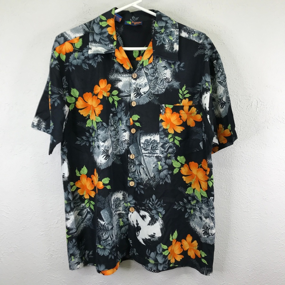 Roundy‎ Bay Button Front Shirt Mens L Black Orange Tropical Tiki Floral Hibiscus